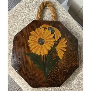 Vintage 1978 Handpainted Sunflower Wood Ocatgon Wall Hanging Art Signed